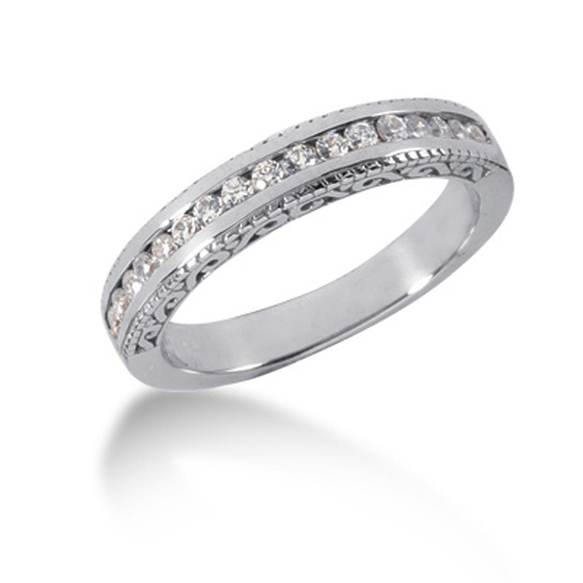 14k White Gold Vintage Style Engraved Diamond Channel Set Wedding Ring Band - The Best Accessory