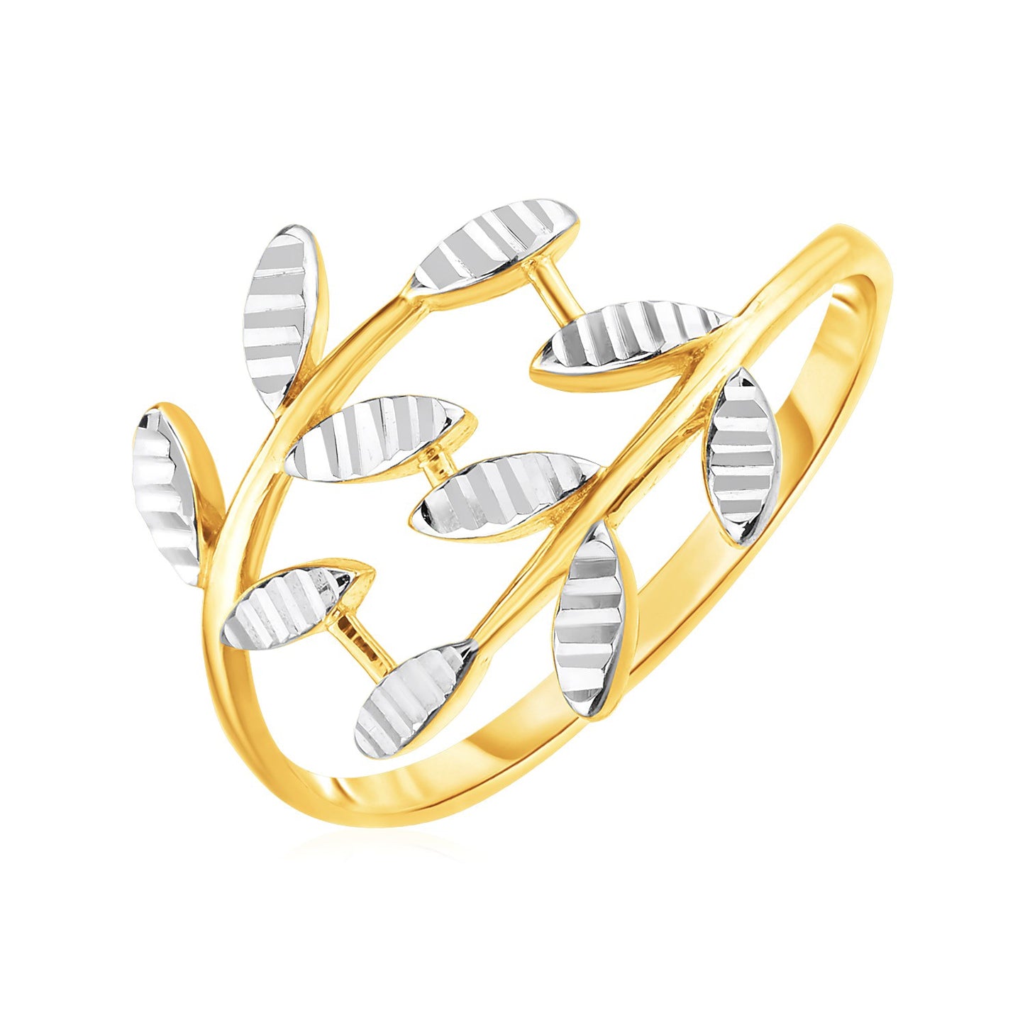 14k Two Tone Gold Crossover Ring with Textured Leaves(1.50 mm) - The Best Accessory