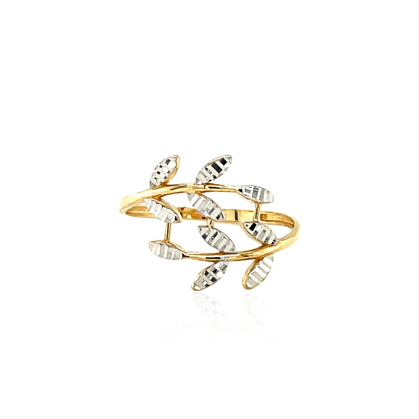 14k Two Tone Gold Crossover Ring with Textured Leaves(1.50 mm) - The Best Accessory