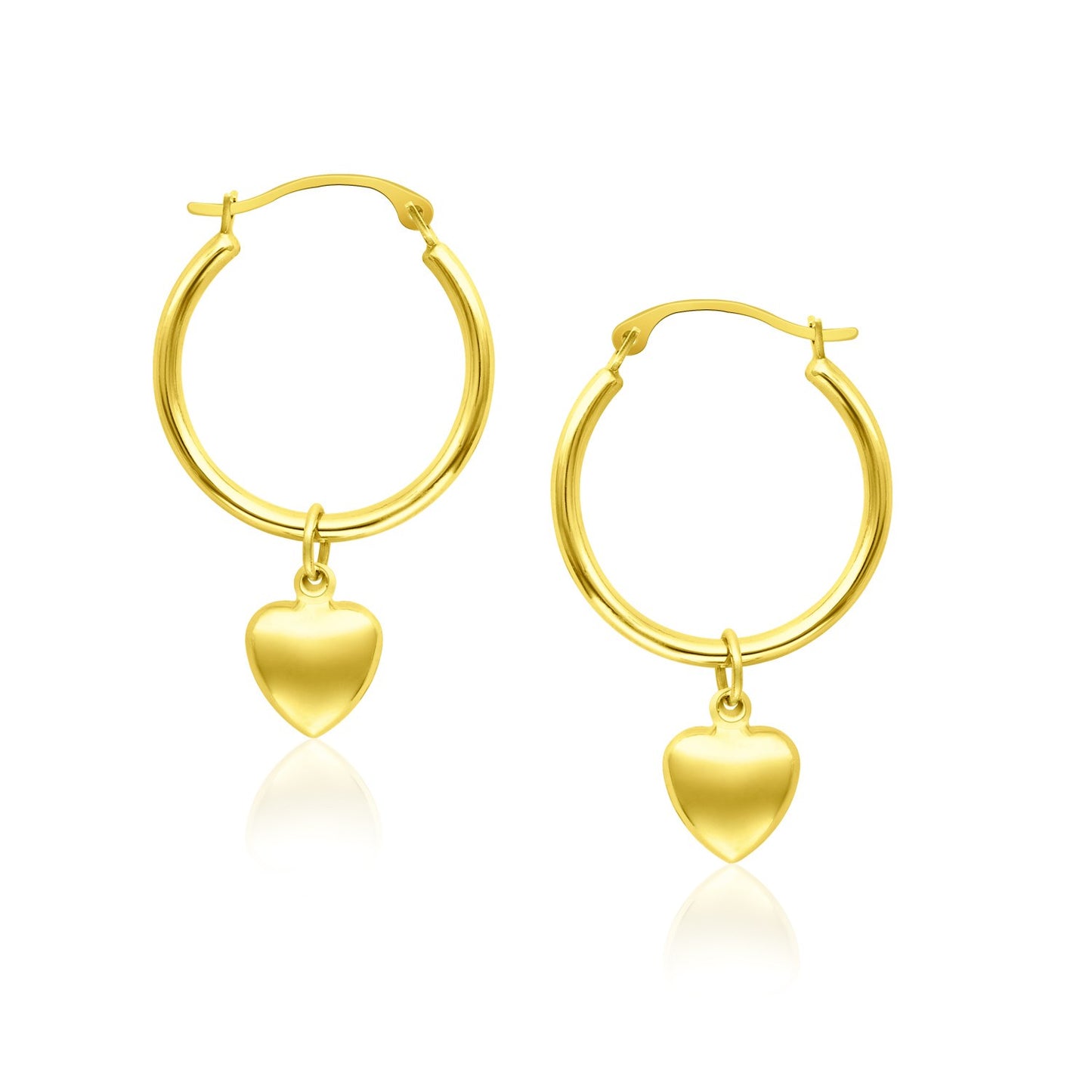 14k Yellow Gold Hoop Earrings with Dangling Puffed Heart - The Best Accessory
