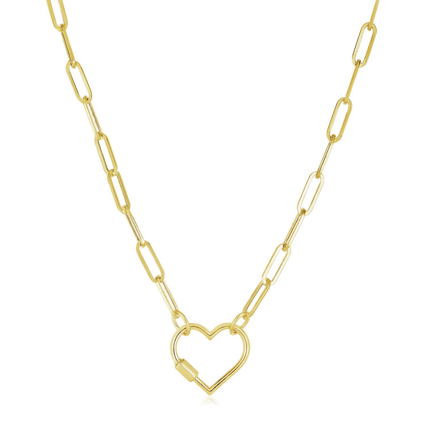 14k Yellow Gold Paperclip Chain Necklace with Heart Carabiner Clasp - The Best Accessory