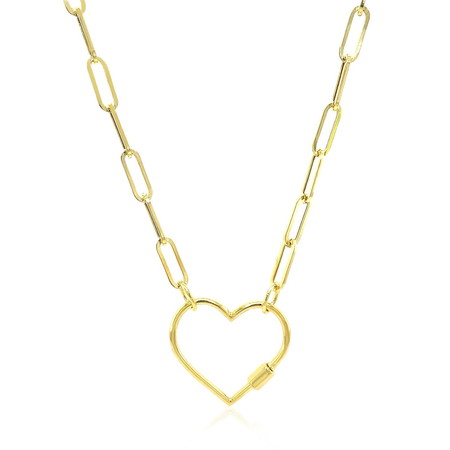 14k Yellow Gold Paperclip Chain Necklace with Heart Carabiner Clasp - The Best Accessory