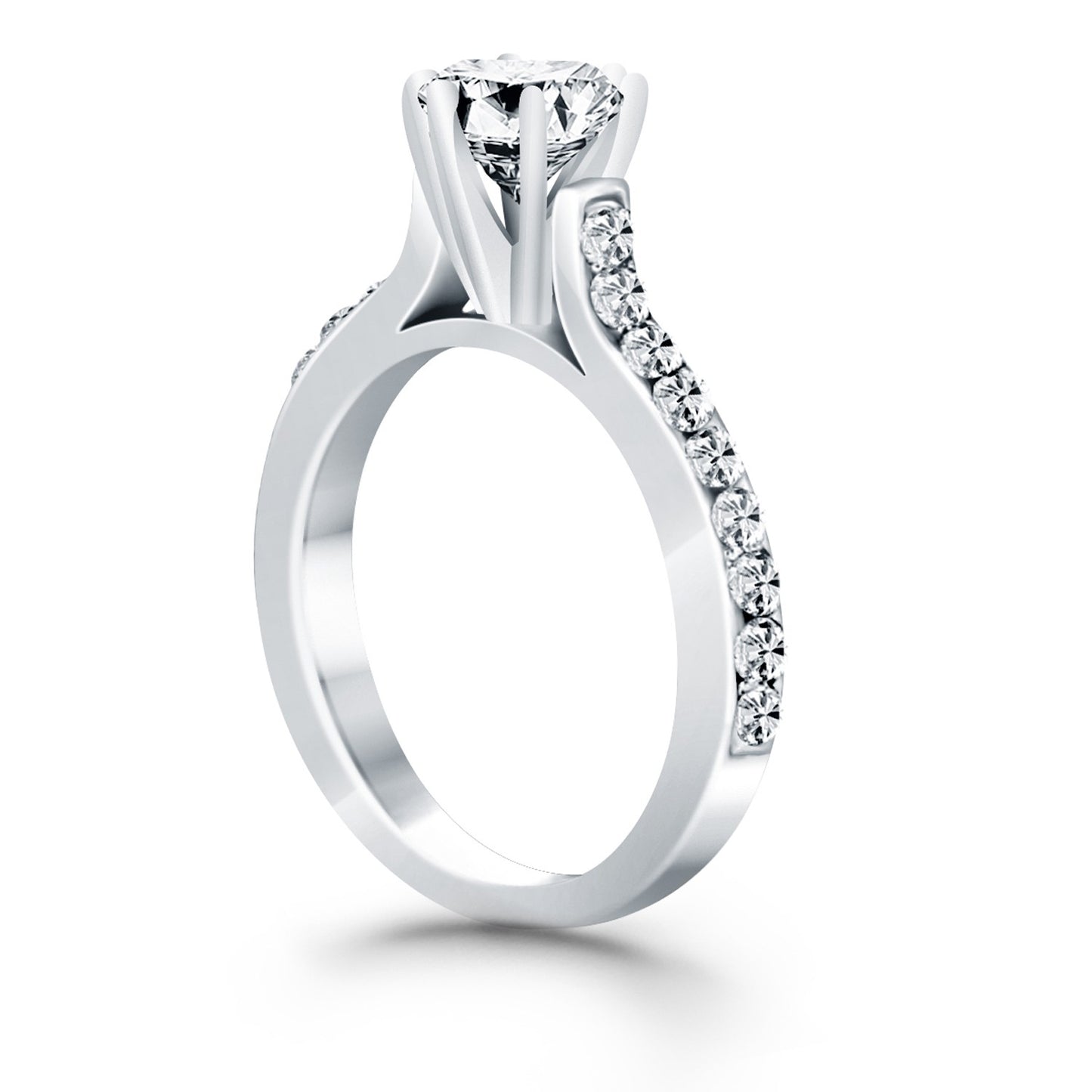 14k White Gold Curved Shank Engagement Ring with Pave Diamonds - The Best Accessory