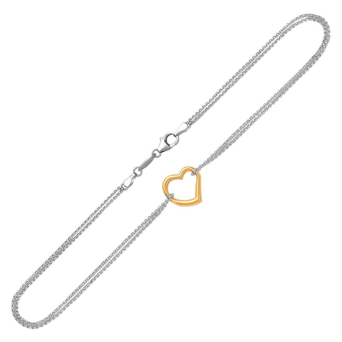 14k Yellow Gold and Sterling Silver Anklet with a Single Open Heart Station - The Best Accessory