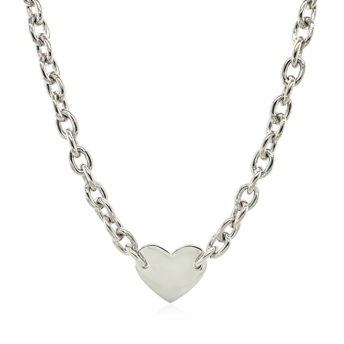 Sterling Silver Rhodium Plated Chain Bracelet with a Flat Heart Motif Station - The Best Accessory