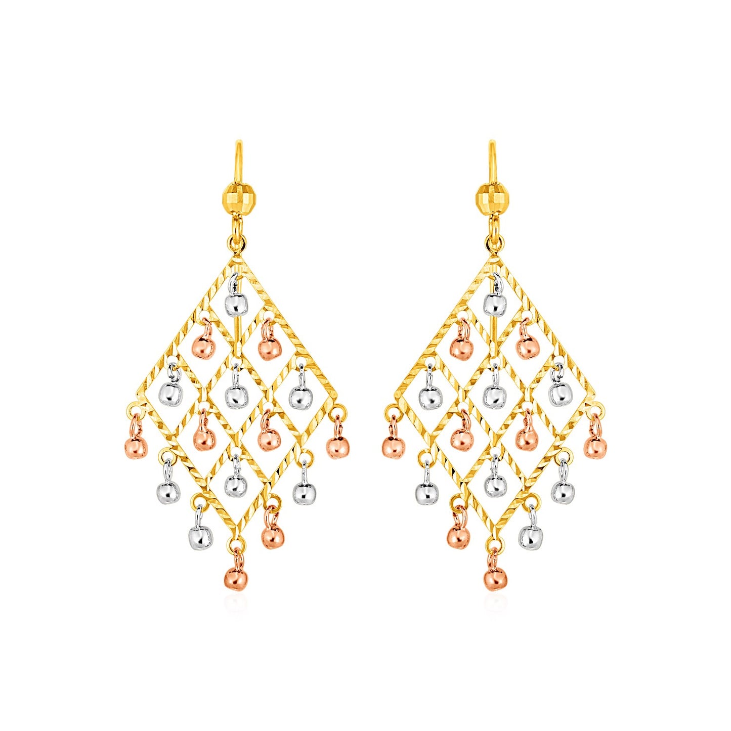 Textured Chandelier Earrings with Ball Drops in 14k Tri Color Gold - The Best Accessory