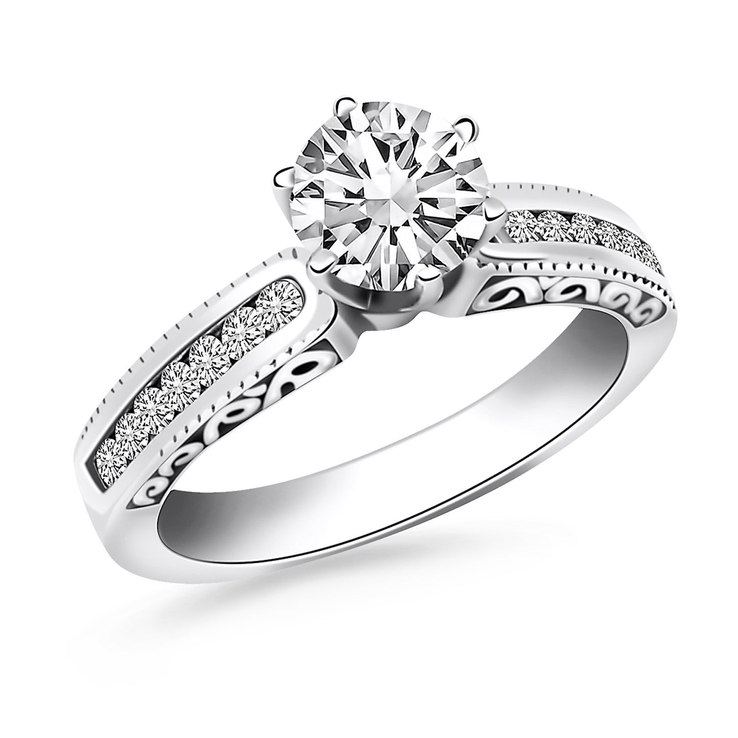 14k White Gold Channel Set Engagement Ring with Engraved Sides - The Best Accessory