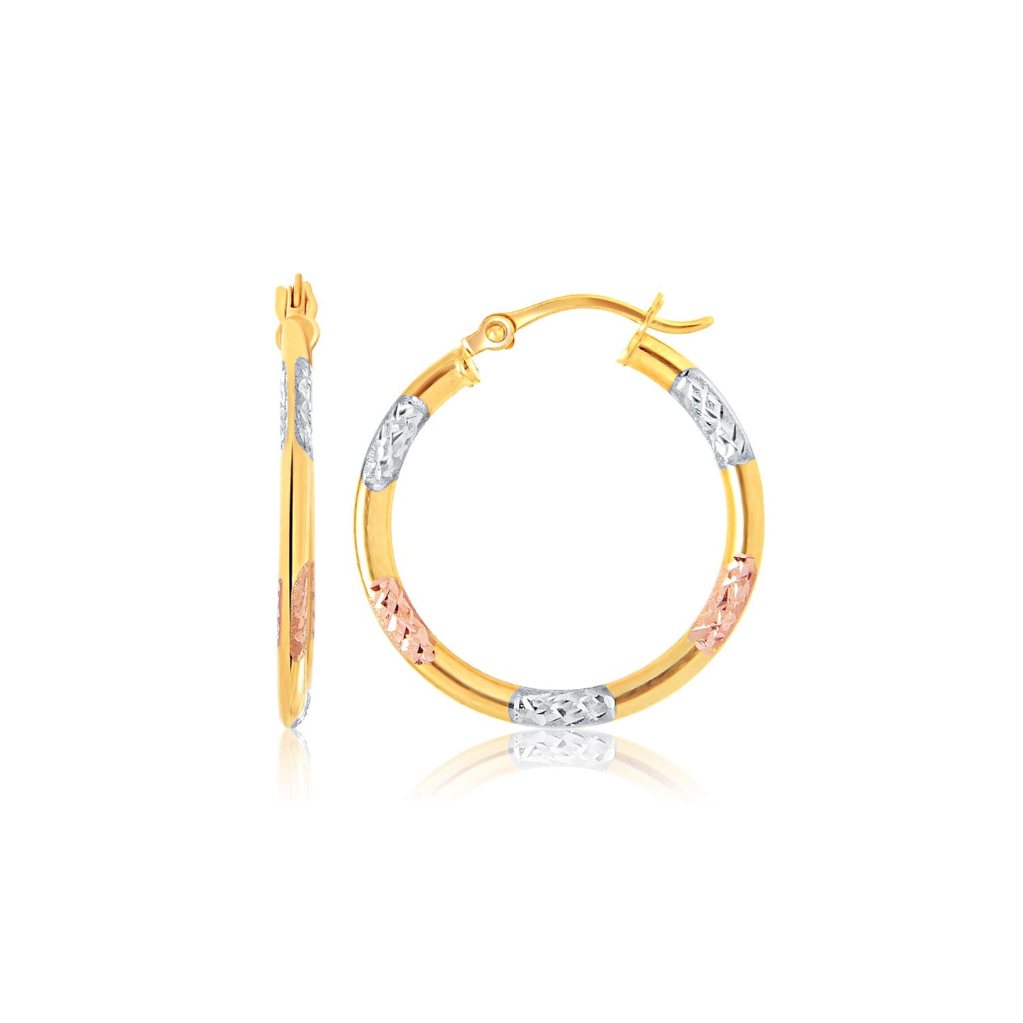 Tri-Color Hoop Earrings with Diamond Cut Accents in 14k Gold(2x15mm) - The Best Accessory