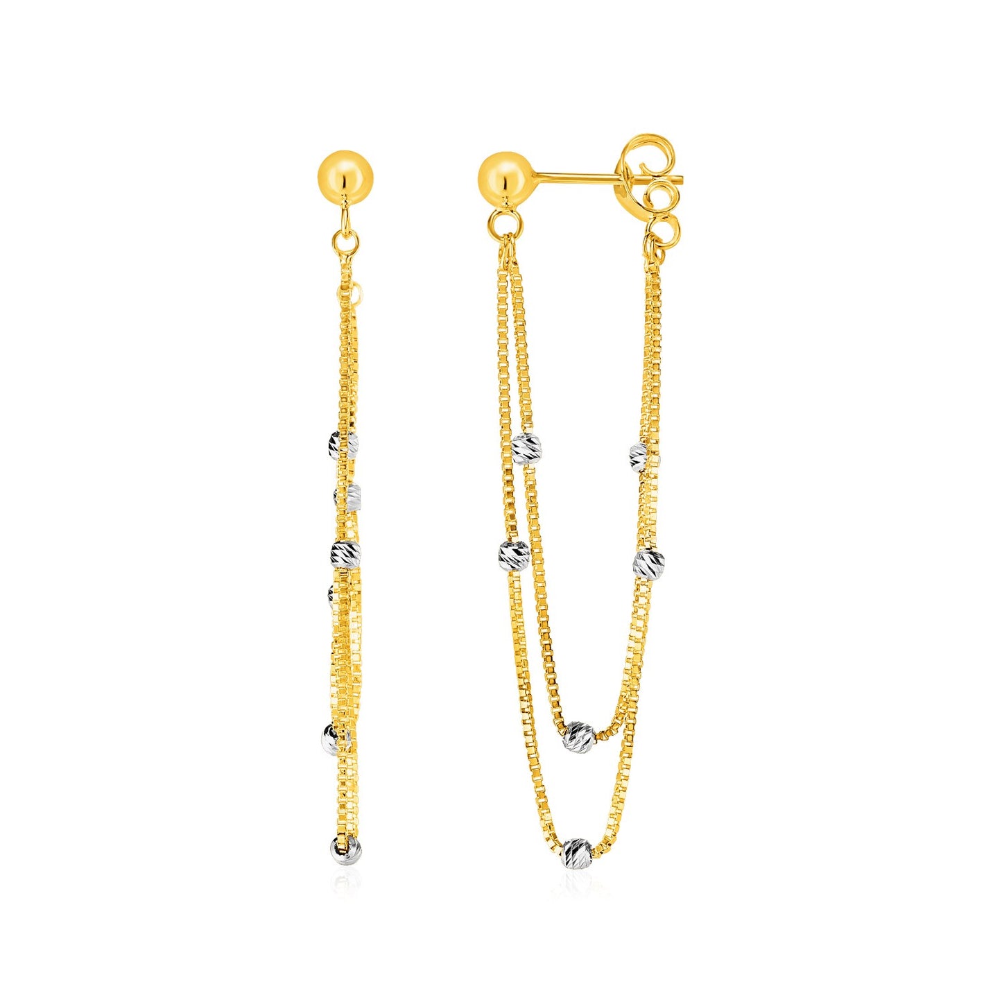 Hanging Chain Post Earrings with Bead Accents in 14k Yellow and White Gold - The Best Accessory