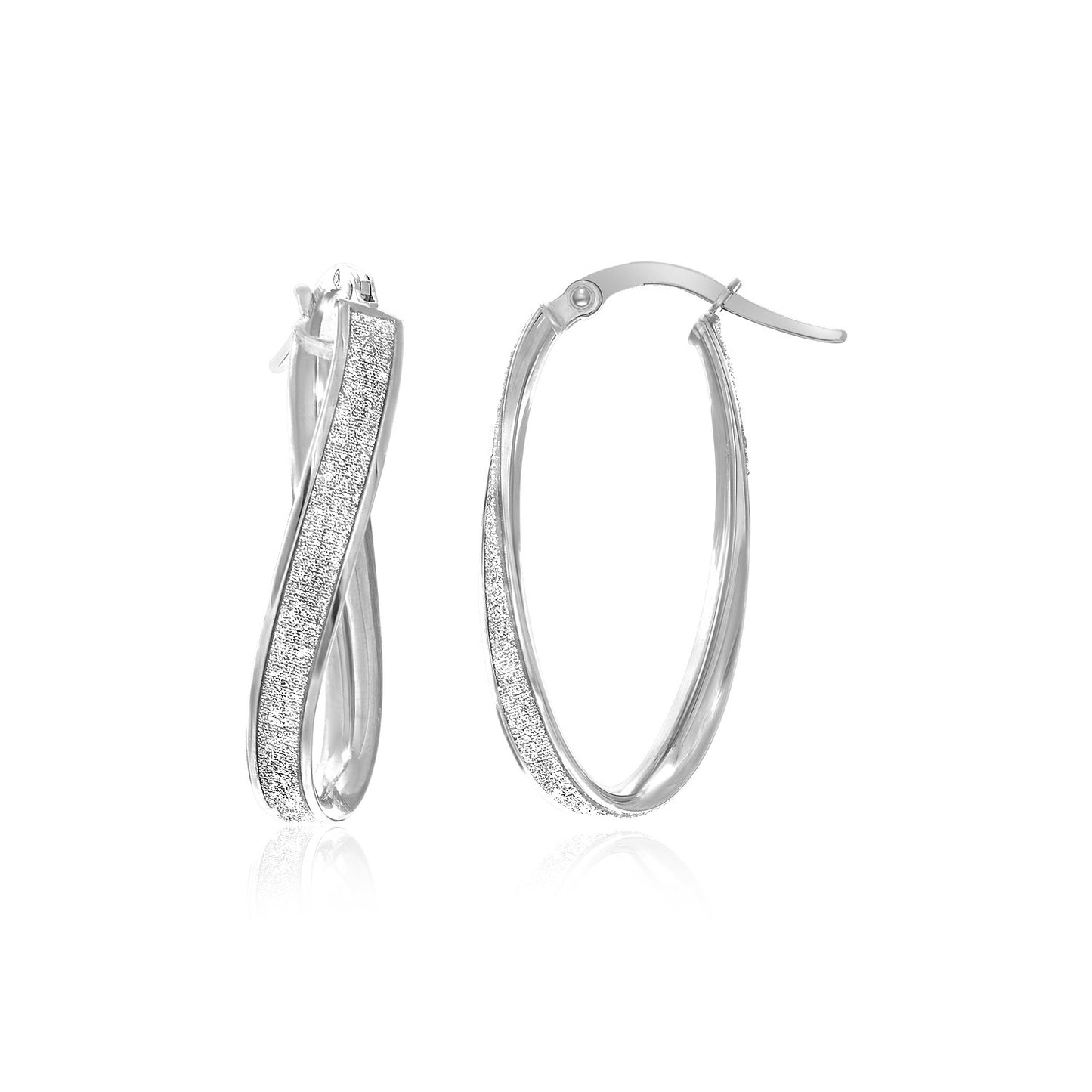 14k White Gold Oval Hoop Twist Glittery Earrings - The Best Accessory