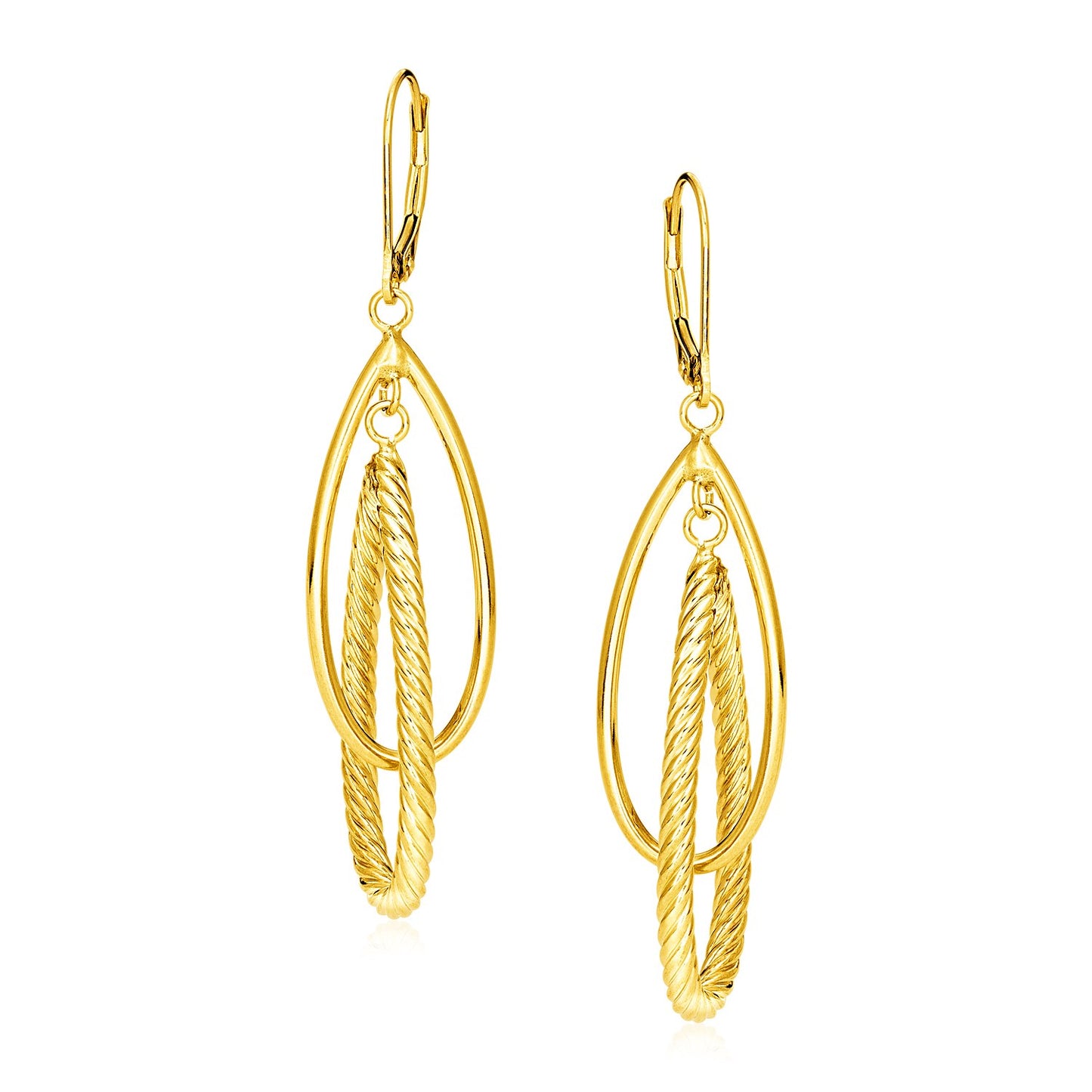 14k Yellow Gold Earrings with Shiny and Textured Teardrop Dangles - The Best Accessory