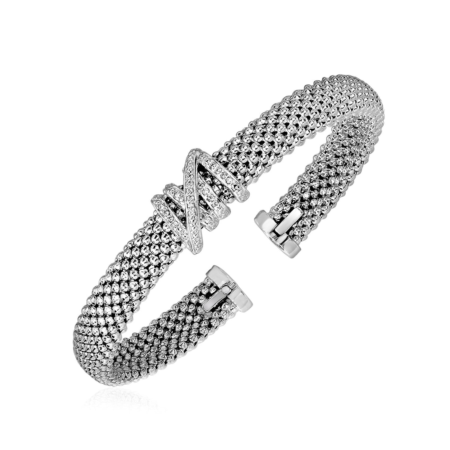 Popcorn Texture Cuff Bangle with Diamonds in Sterling Silver (8.00 mm) - The Best Accessory