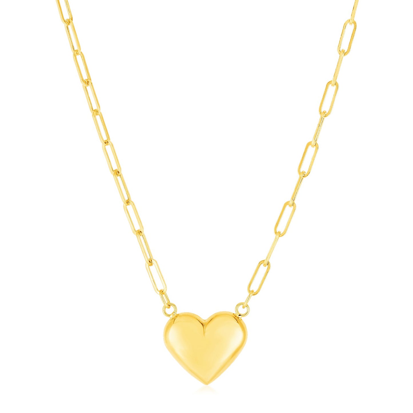 14k Yellow Gold Paperclip Chain Necklace with Puffed Heart - The Best Accessory