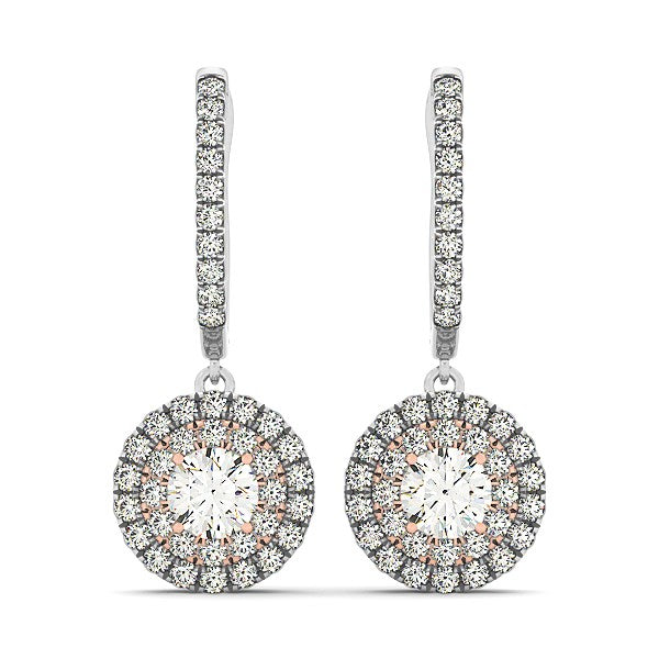 14k White And Rose Gold Drop Diamond Earrings with a Halo Design (3/4 cttw) - The Best Accessory