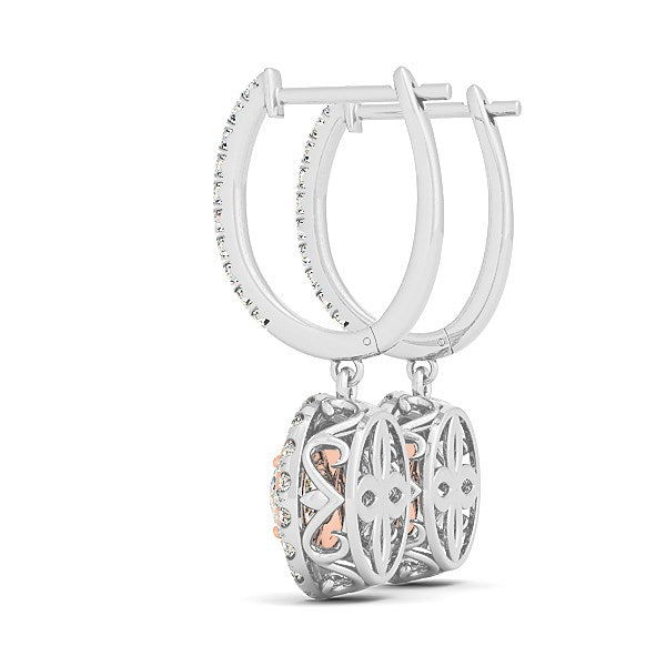 14k White And Rose Gold Drop Diamond Earrings with a Halo Design (3/4 cttw) - The Best Accessory