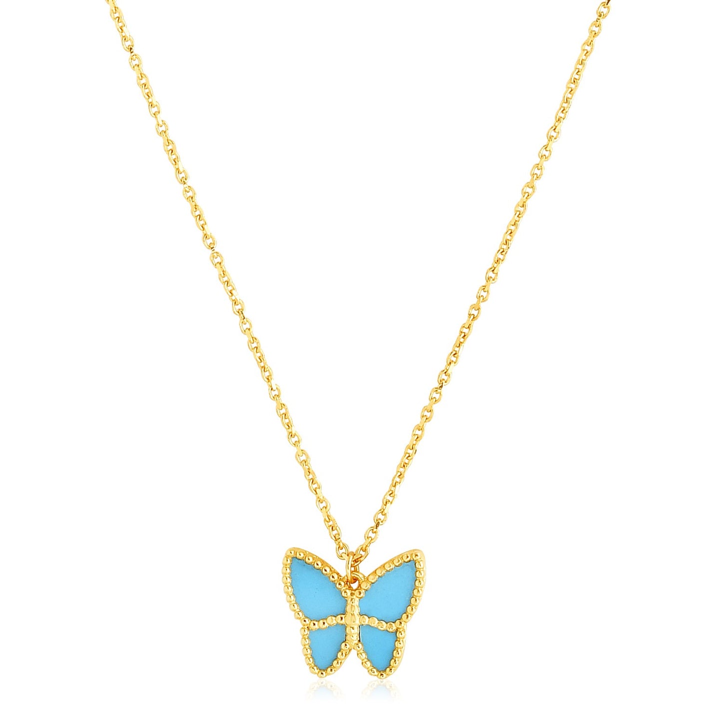 14k Yellow Gold High Polish Butterfly Turquoise Paste Necklace - The Best Accessory