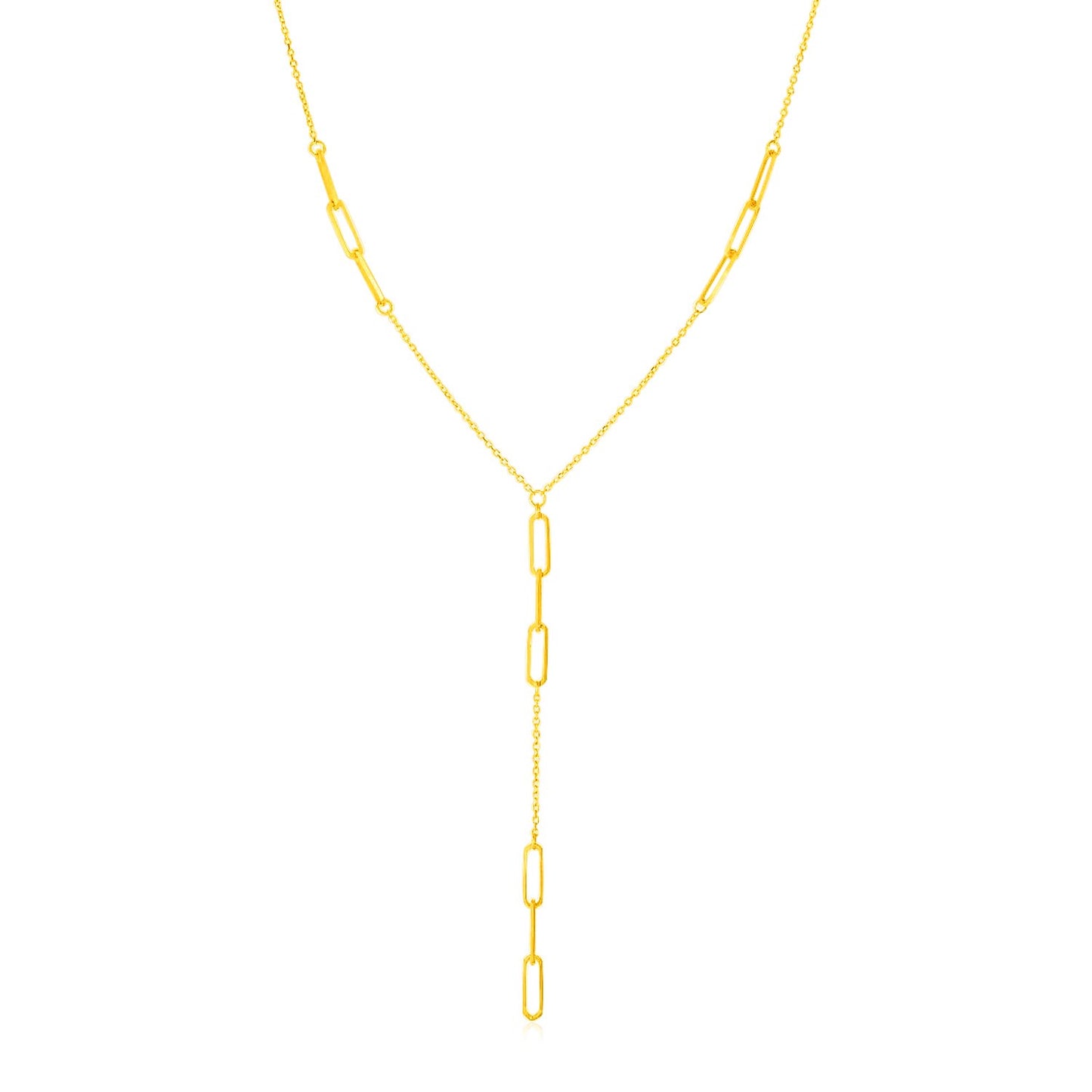 14K Yellow Gold Lariat Necklace with Paperclip Chain Stations - The Best Accessory