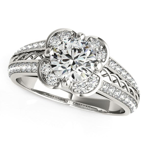 Round Diamond Floral Motif Engagement Ring in 14k White Gold (1 3/8 cttw) - The Best Accessory