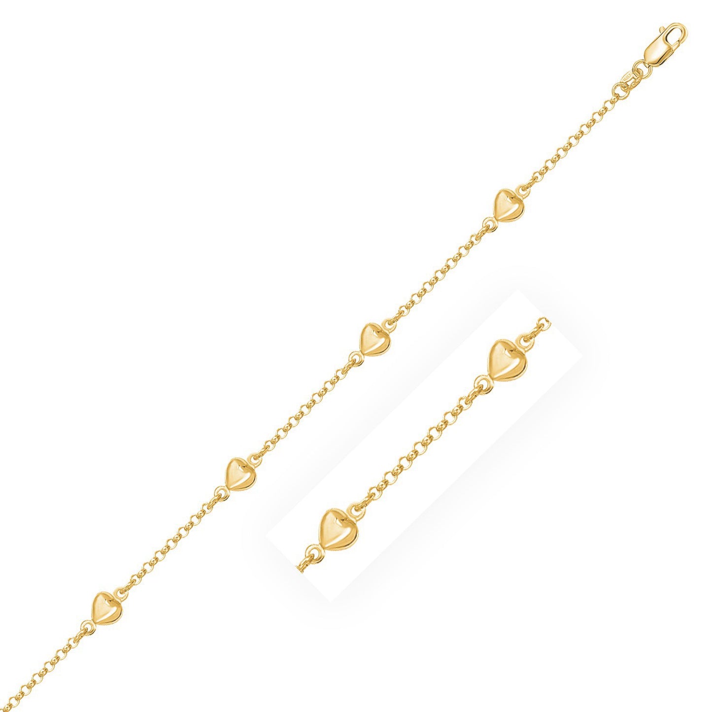 14k Yellow Gold Rolo Chain Bracelet with Puffed Heart Stations (3.30 mm) - The Best Accessory