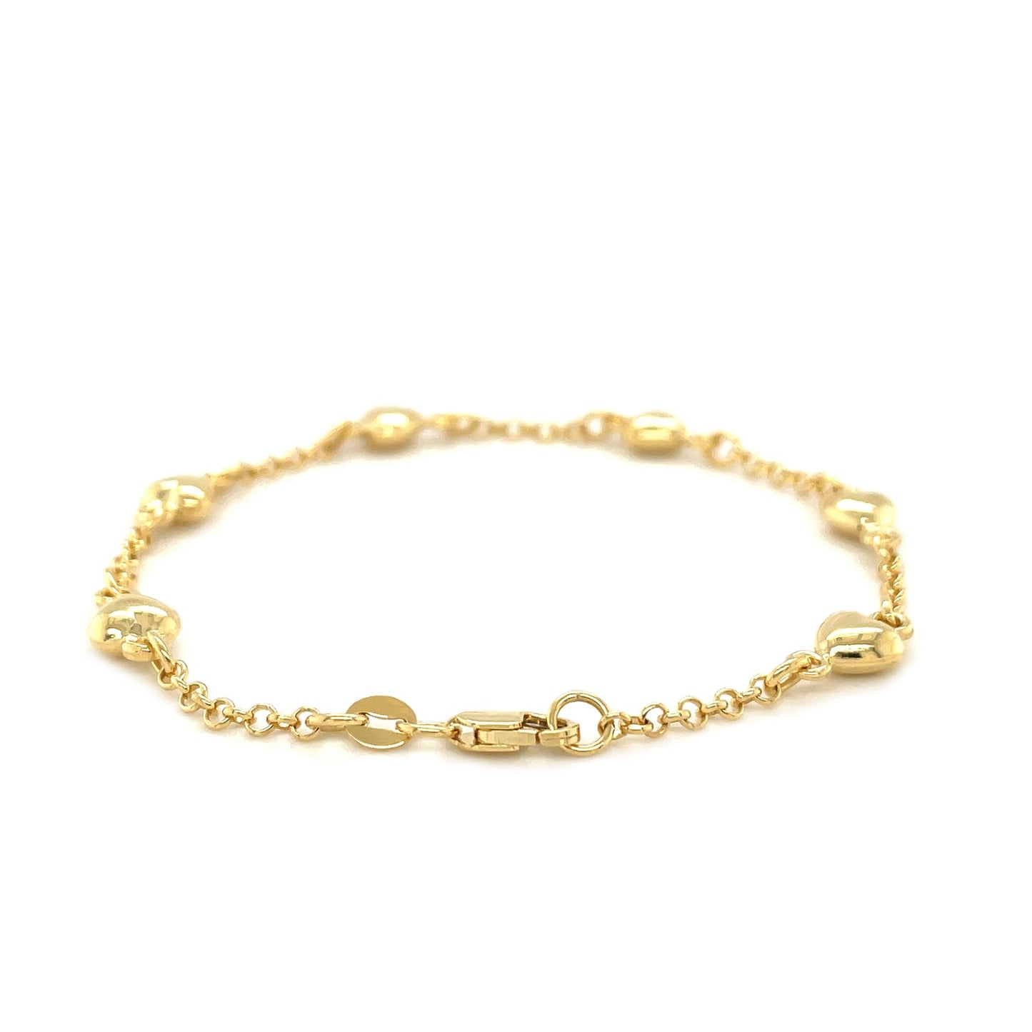 14k Yellow Gold Rolo Chain Bracelet with Puffed Heart Stations (3.30 mm) - The Best Accessory