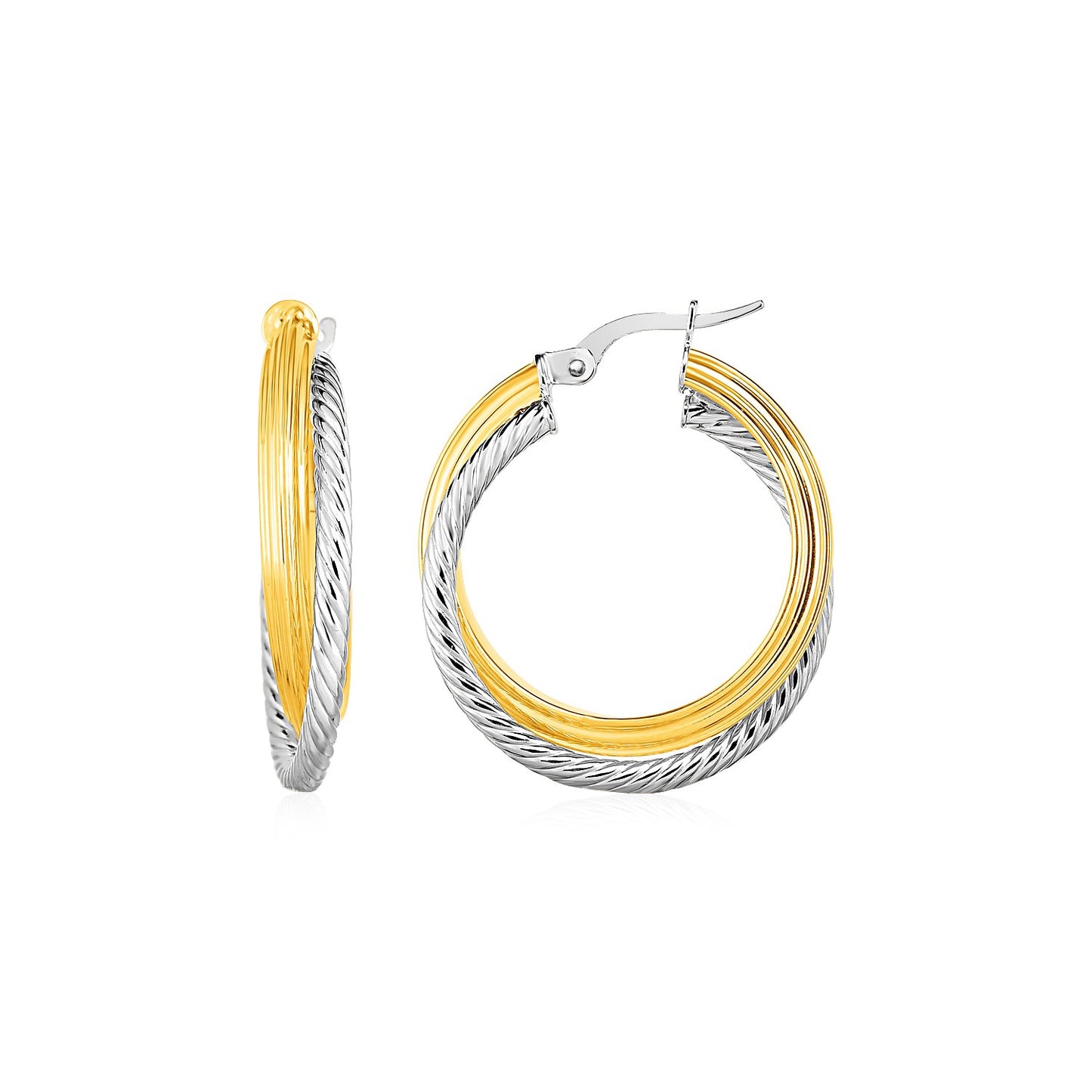 Two Part Textured and Shiny Hoop Earrings in 14k Yellow and White Gold(4x20mm) - The Best Accessory