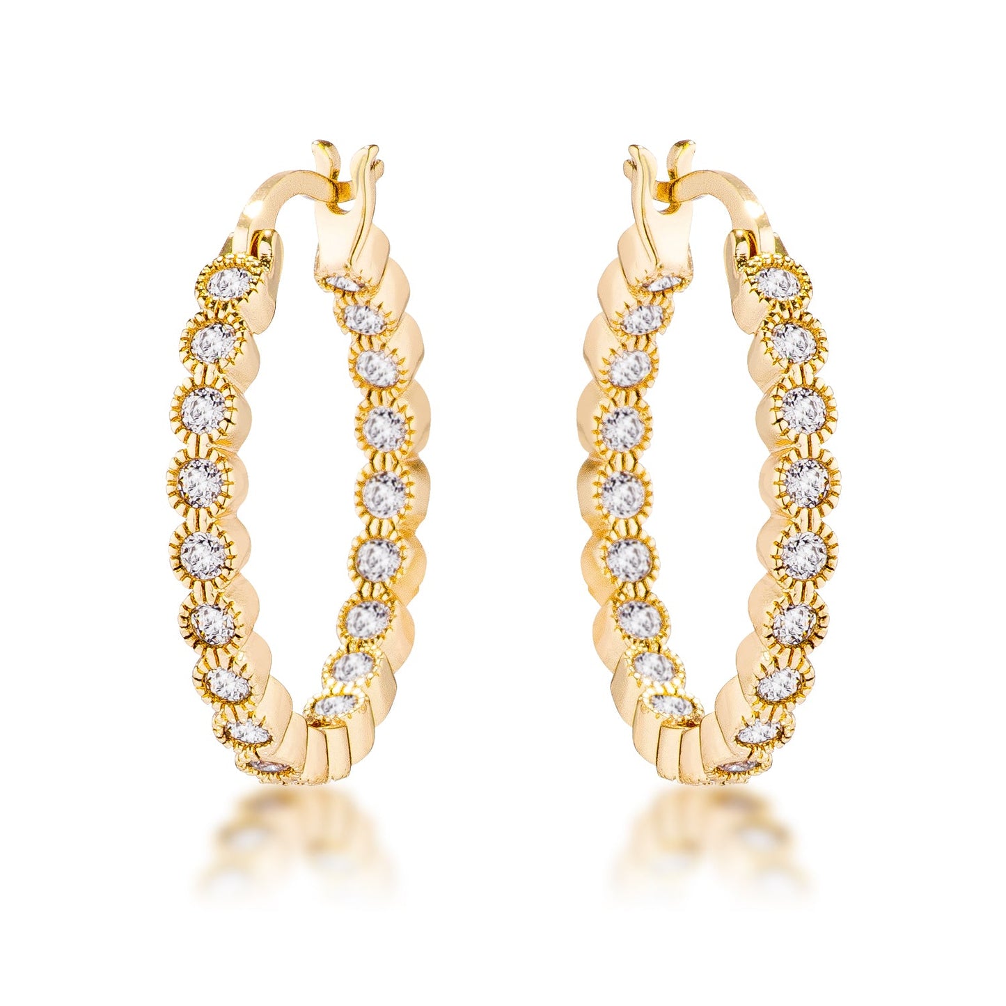 Gold Plated Dotted Clear CZ Round Bezel Hoop Earrings - The Best Accessory