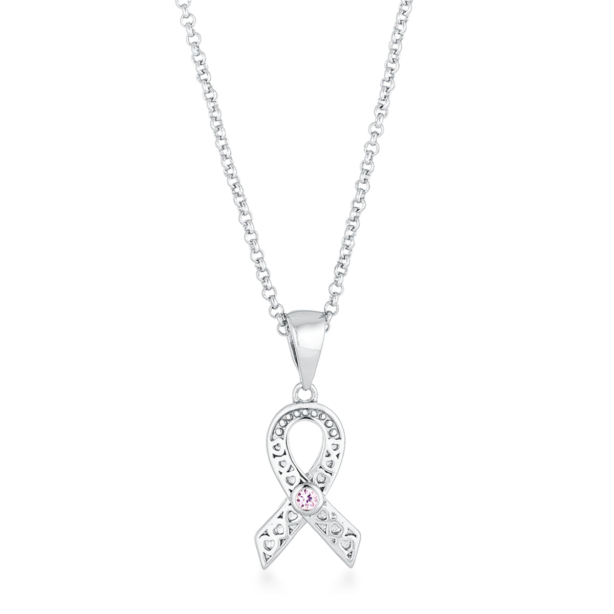 Rhodium Plated Heart Filigree Breast Cancer Awareness Ribbon Pendant - The Best Accessory