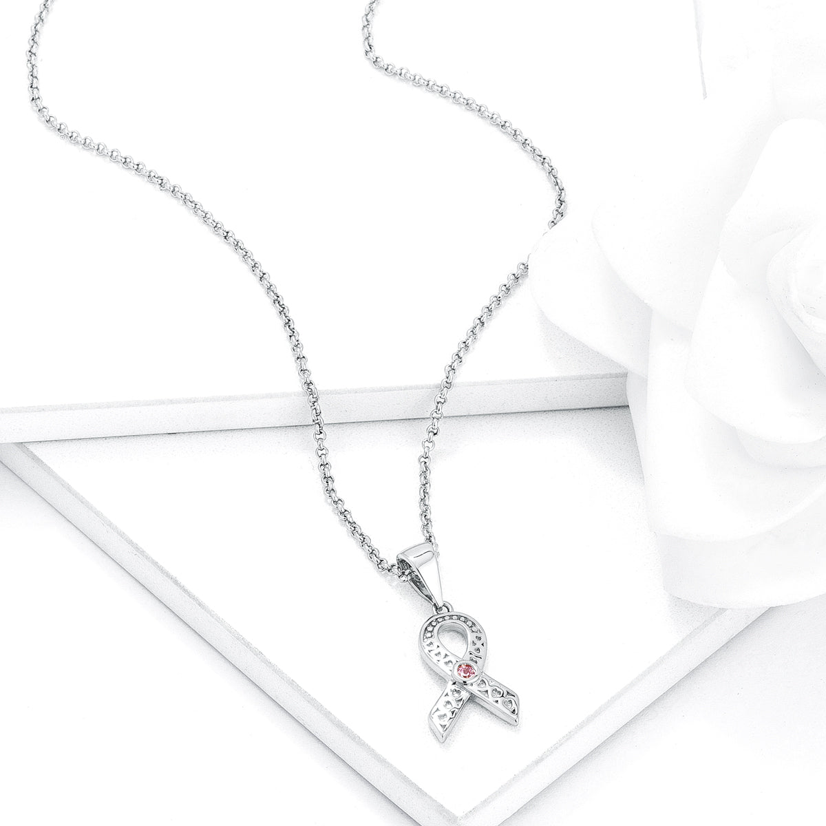 Rhodium Plated Heart Filigree Breast Cancer Awareness Ribbon Pendant - The Best Accessory