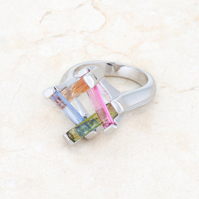 Myra Ring 10ct Multicolor CZ Rhodium Cocktail Ring - The Best Accessory