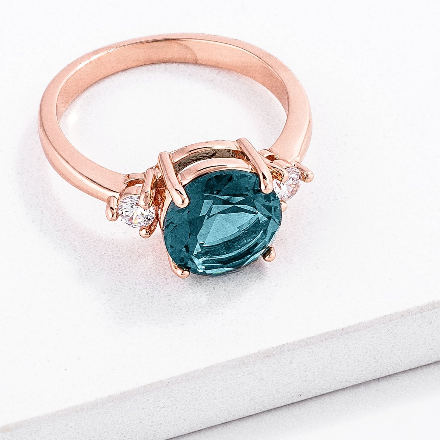 Rose Gold Plated Blue Green Three Stone Engagement Ring - The Best Accessory