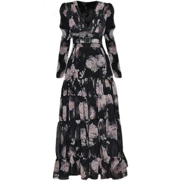 The Best Accessory Black / XL / China V-neck Ruched Long sleeve Floral-Print Dress