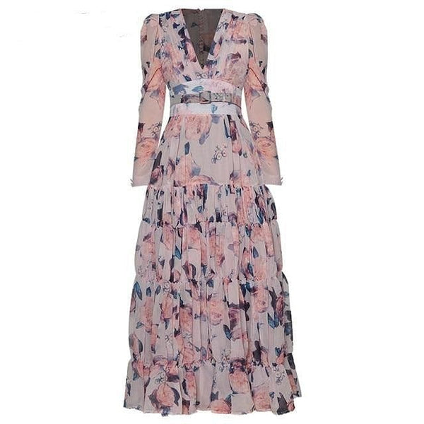 The Best Accessory Pink / XL / China V-neck Ruched Long sleeve Floral-Print Dress
