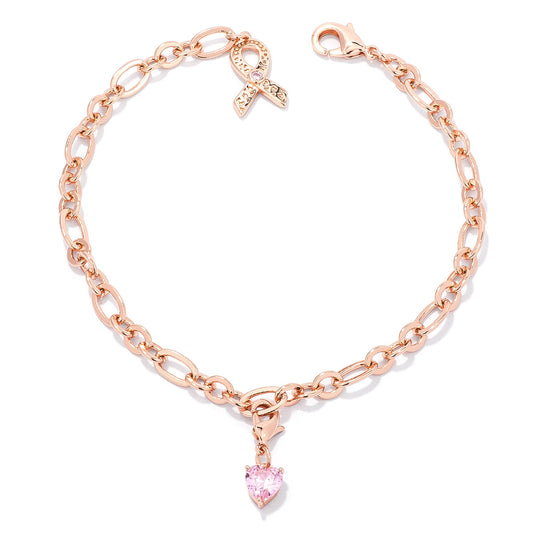 Rose Gold Plated Breast Cancer Awareness Ribbon and Heart Charm Bracelet - The Best Accessory
