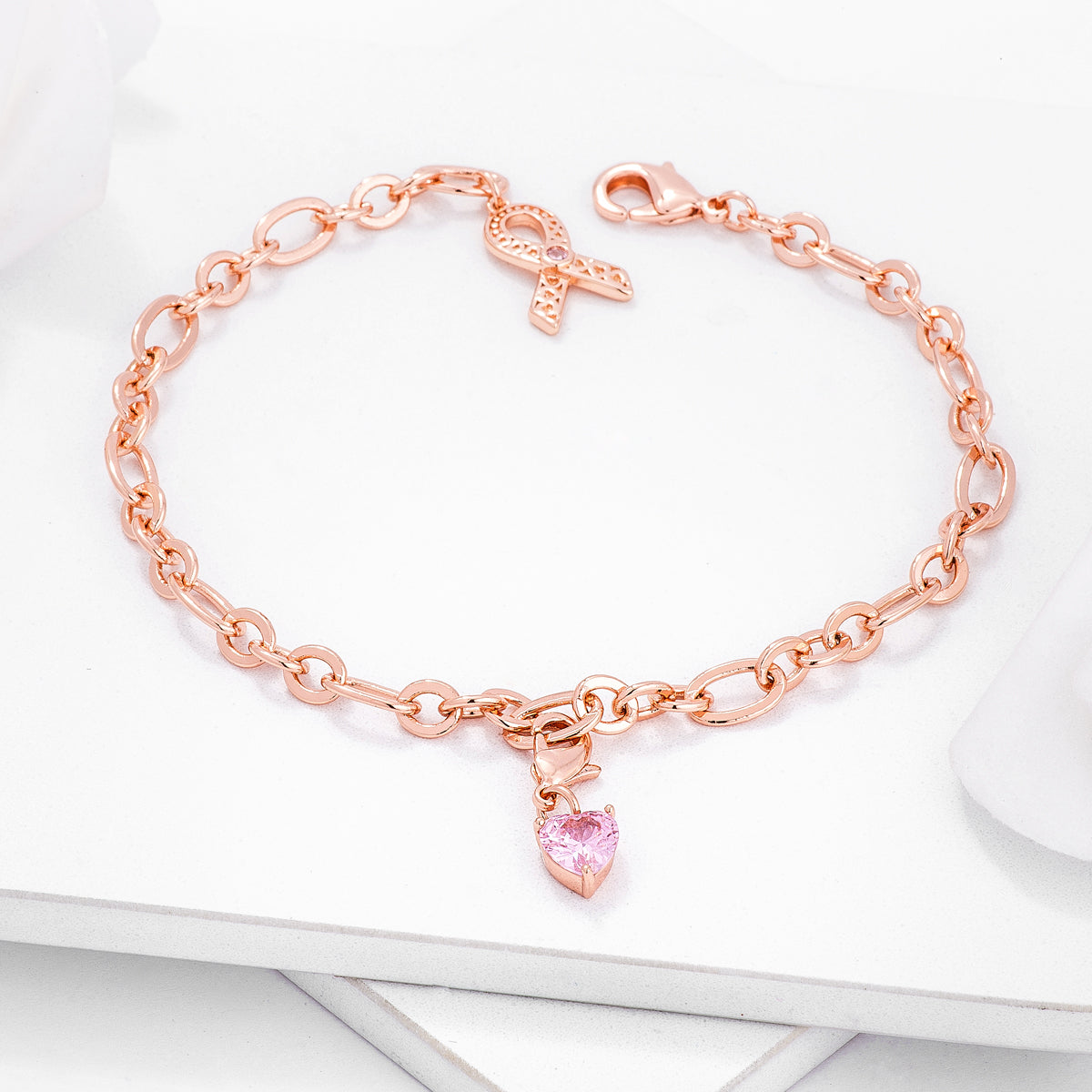 Rose Gold Plated Breast Cancer Awareness Ribbon and Heart Charm Bracelet - The Best Accessory