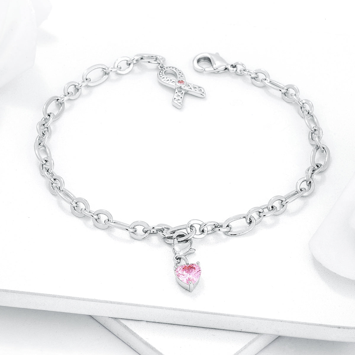 Breast Cancer Awareness Ribbon and Heart Charm Bracelet - The Best Accessory