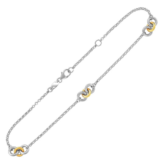 14k Yellow Gold and Sterling Silver Triple Ring Stationed Anklet - The Best Accessory