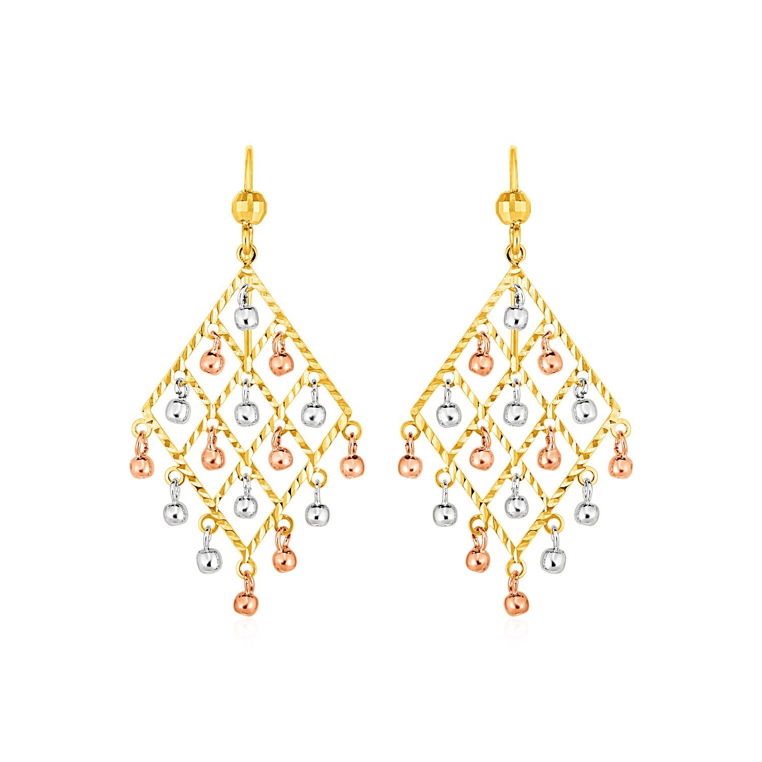 Textured Chandelier Earrings with Ball Drops in 14k Tri Color Gold - The Best Accessory