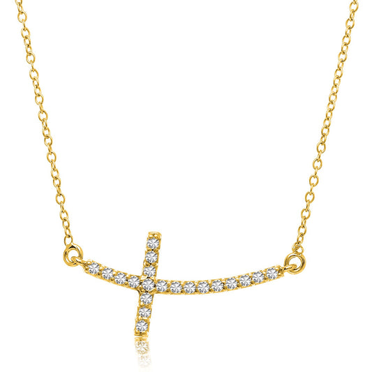 14k Yellow Gold Curved Crucifix Diamond Accented Necklace (.21cttw) - The Best Accessory