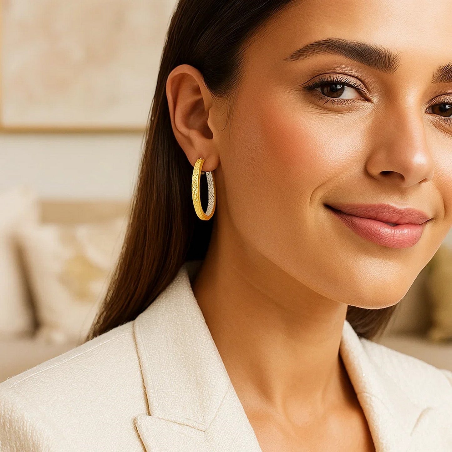 14K TwoTone Yellow and White Gold Petite Patterned Hoop Earrings(3x25mm)