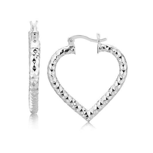 Sterling Silver Rhodium Plated Heart Style Hoop Diamond Cut Earrings(3x22mm) - The Best Accessory