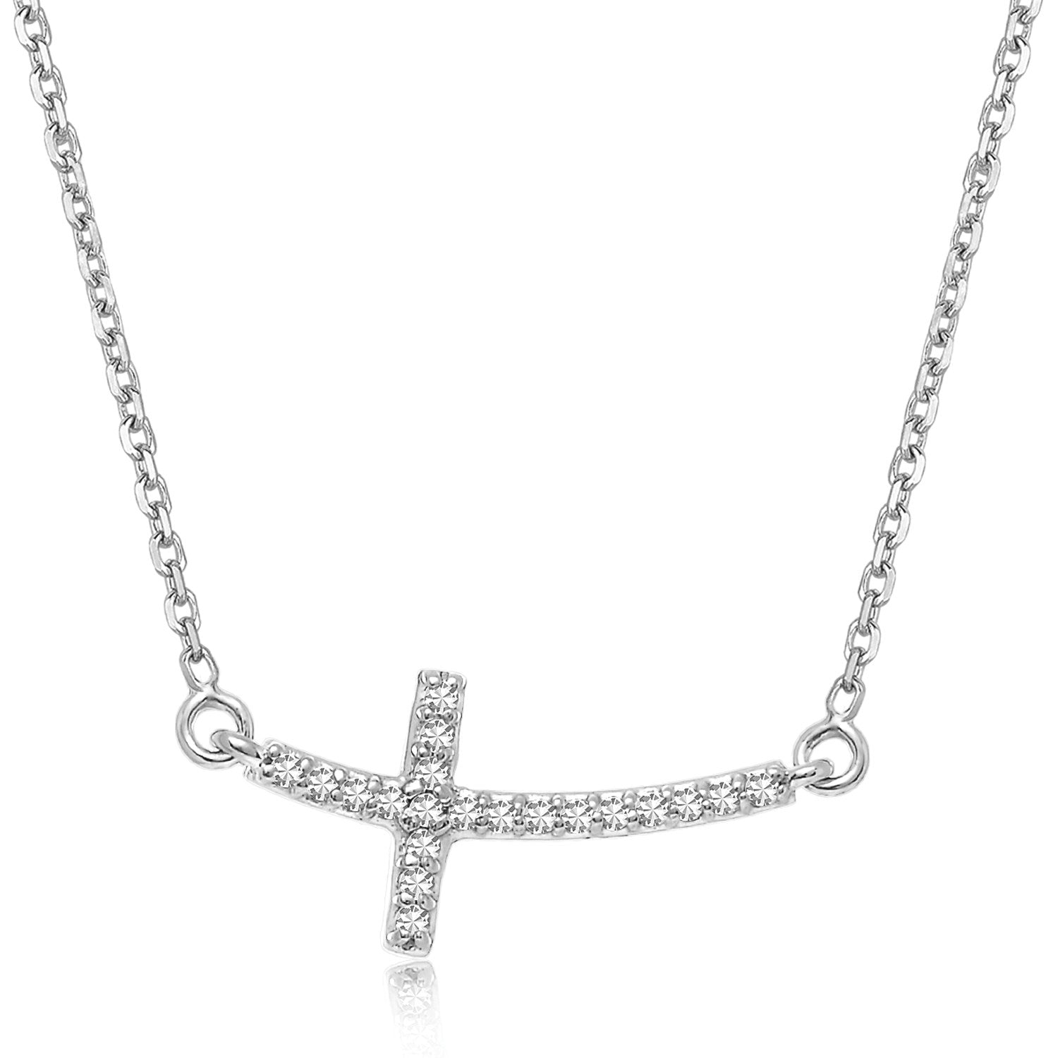 14k White Gold Curved Cross Diamond Studded Necklace (.11cttw) - The Best Accessory