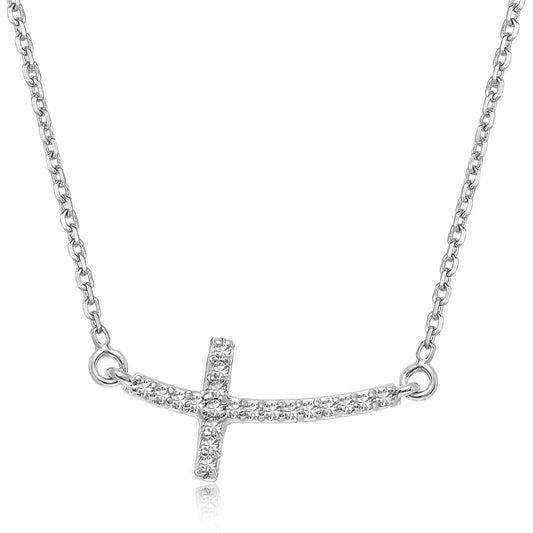 14k White Gold Curved Cross Diamond Studded Necklace (.11cttw) - The Best Accessory