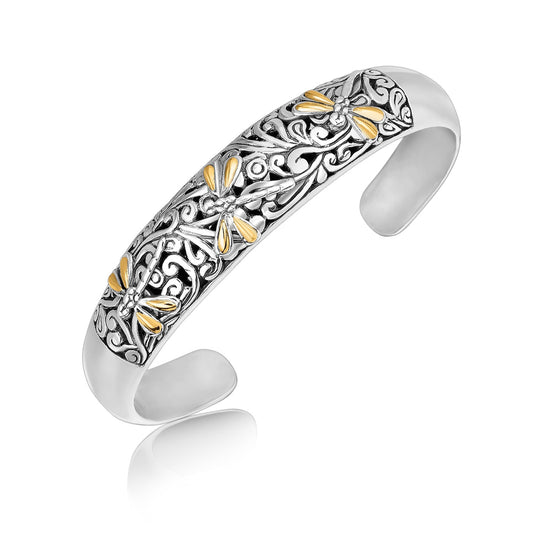 18k Yellow Gold and Sterling Silver Cuff with Dragonfly and Flourishes (12.70 mm) - The Best Accessory