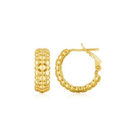 14k Yellow Gold Beaded Puffed Textured Hoop Earrings - The Best Accessory