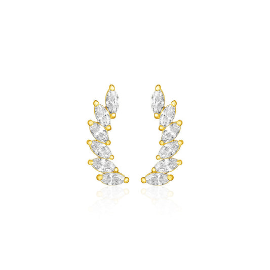 14k Yellow Gold Leaf Motif Climber Post Earrings with Marquise Cubic Zirconias - The Best Accessory