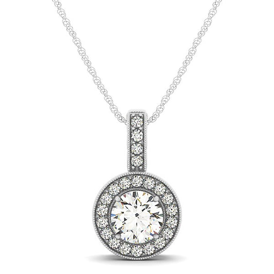 Milgrain Edge Diamond Halo Pendant in 14k White Gold (5/8 cttw) - The Best Accessory