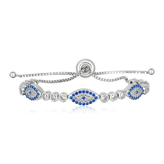 Sterling Silver Adjustable Enameled Evil Eye Bracelet with Cubic Zirconias - The Best Accessory