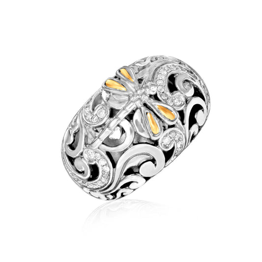 18k Yellow Gold & Sterling Silver Dragonfly Ring with Diamonds - The Best Accessory