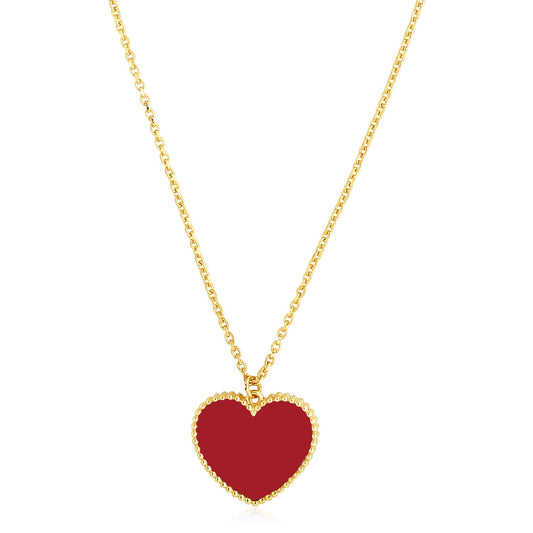 14k Yellow Gold High Polish Heart Red Cornelia Paste Necklace - The Best Accessory