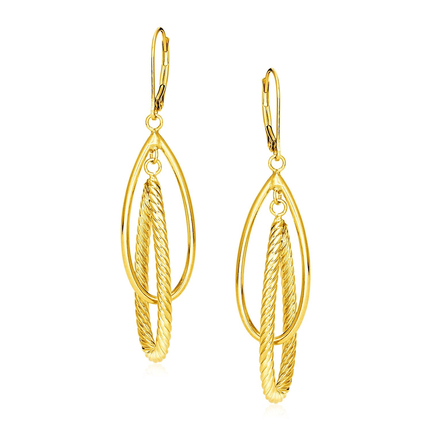 14k Yellow Gold Earrings with Shiny and Textured Teardrop Dangles - The Best Accessory